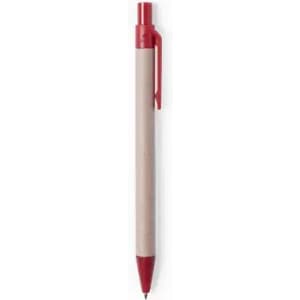 A pen with a natural brown barrel and a red cap and clip. Features a logo on the barrel.