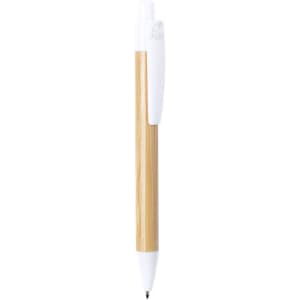 A pen with a bamboo barrel and white accents, featuring a clip and a branded logo.