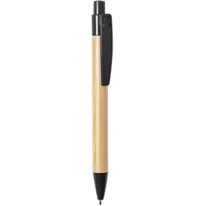 A pen with a natural bamboo barrel and a black plastic clip and nib. It features a logo on the barrel.