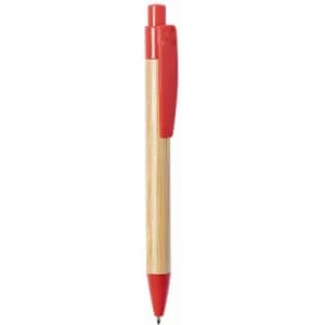 A pen with a bamboo body and a red plastic top and bottom. It features a click mechanism and a clip for attachment.