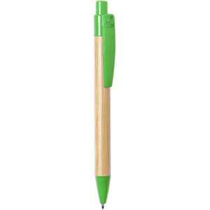 A ballpoint pen with a bamboo barrel and green plastic accents, featuring a clip and a rounded tip.