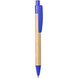 A pen with a blue plastic cap and a natural bamboo barrel. It features a click mechanism for easy use.