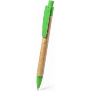 A pen with a bamboo barrel and a green plastic clip and tip, featuring a logo on the clip.