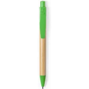 A green ballpoint pen with a bamboo shaft and a green clip, featuring a logo on the top.