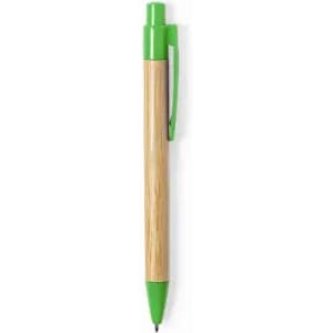 A green and natural wooden pen with a matching green clip. It features a smooth writing tip for easy use.