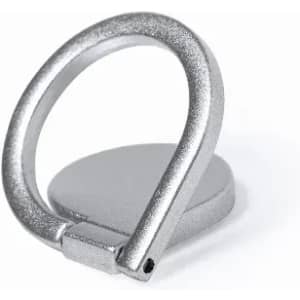 A silver metal bottle opener with a circular base and a curved handle. It has a simple design and a polished finish.