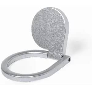 A silver metal ring with a flat circular attachment, featuring a hinge for opening and closing.
