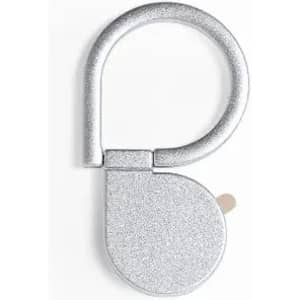 A silver promotional product with a looping hook and circular body, featuring a branding logo.
