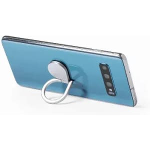 A phone in light blue with a silver ring holder attached at the back. The device has a logo on it.