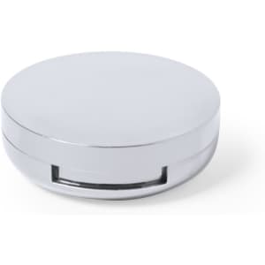 A silver circular container with a smooth surface and a small opening at the side. It features a logo.