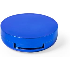 A blue circular container with a smooth surface and a sliding compartment, featuring a small logo.