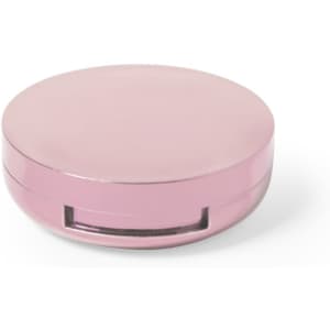 A round, pink compact case with a glossy finish, featuring a smooth surface and a small opening.