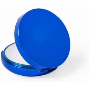 A blue compact mirror with a round shape, open to reveal the reflective surface inside. It has a smooth finish.