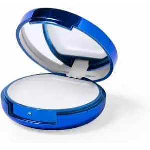 A compact mirror with a shiny blue exterior and a reflective inner surface, featuring a simple opening mechanism.