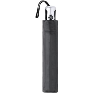 A compact black umbrella with a silver handle, featuring a loop for easy carrying and a sleek design.
