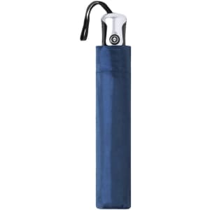 A compact navy umbrella with a metallic handle and a wrist strap for easy carrying.