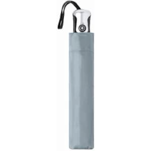 A compact grey umbrella with a metallic handle, featuring a wrist strap for easy carrying.