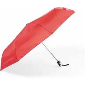 A red umbrella with a silver handle, featuring a simple design and a folding mechanism.