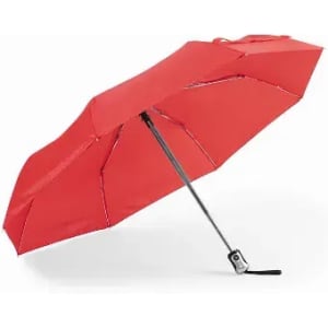A red umbrella with a sturdy metal frame and a black handle, showcasing a simple design.