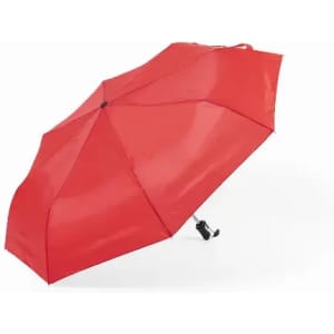 A red umbrella featuring a black handle and a compact design. It has a sleek, smooth finish.