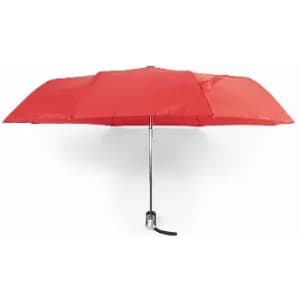 A red umbrella with a silver handle and a knob for adjusting the tilt. It features multiple panels and a sleek design.