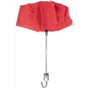 A red umbrella with a silver handle and hook, featuring a crumpled canopy design.