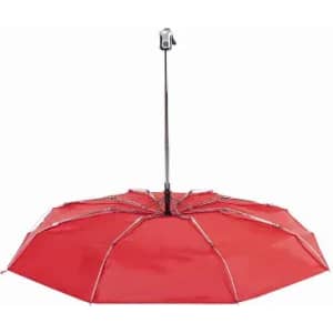A red umbrella with a silver frame and a central pole. The umbrella has eight panels and features a logo.
