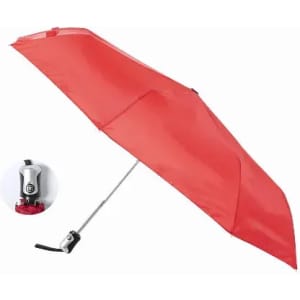 A red umbrella with a silver handle and a circular attachment on the side.