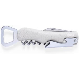 A corkscrew bottle opener with a grey speckled handle and a shiny metallic finish. Features a logo on the handle.