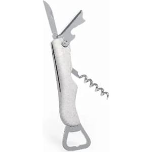 A multitool featuring a knife, corkscrew, bottle opener, and textured silver handle. It has a sleek, functional design.