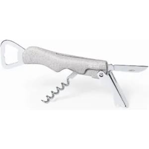A multi-functional corkscrew featuring a silver finish, bottle opener, knife, and spiral corkscrew.