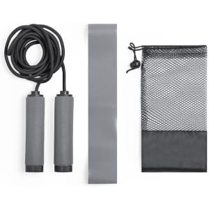 A grey jump rope, grey resistance band, and a black mesh storage pouch.