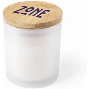 A frosted glass candle holder with a wooden lid, featuring a logo on top. The holder is white with a natural wood finish.