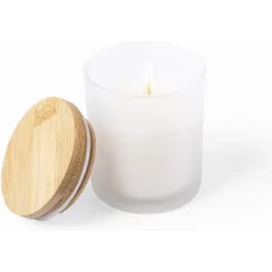 A frosted glass candle jar with a bamboo lid, containing a lit white candle inside.