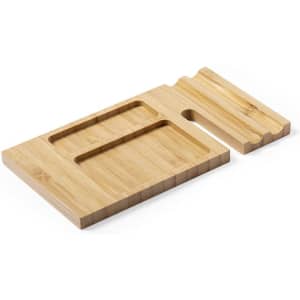 A bamboo organiser with multiple compartments for storing items, featuring a smooth finish and natural grain.