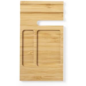 A bamboo organiser featuring two compartments and a cut-out handle for easy carrying.