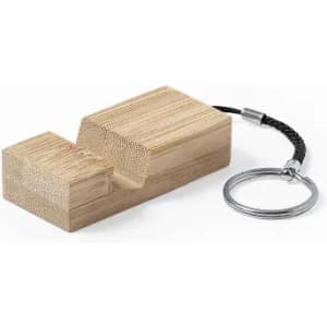 A wooden keychain holder with a metal keyring attachment, featuring a natural finish and simple design.