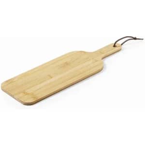 A wooden serving board in a paddle shape, featuring a smooth finish and a hanging loop for easy storage.
