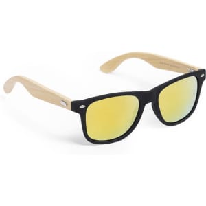 Sunglasses featuring a black frame and yellow mirrored lenses with wooden arms. Designed with a stylish logo.