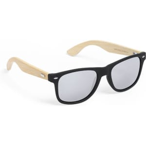 Sunglasses with a black frame and bamboo arms, featuring mirrored lenses. The product has a logo on the side.