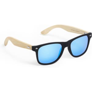 A pair of sunglasses with a black frame and blue mirrored lenses, featuring wooden arms and a logo on the side.