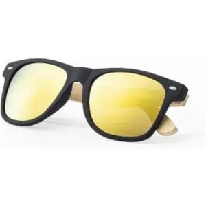 Sunglasses with black frames and yellow lenses, featuring a wooden arm and a logo on the side.