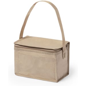 A beige zippered bag with a handle, featuring a front pocket for easy access. Ideal for storage or travel.