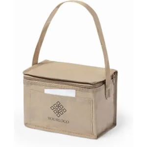 A beige insulated lunch bag with a zip closure and a handle, featuring a logo on the front.