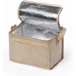 A storage box in beige with a reflective silver interior and handles, featuring an open lid.