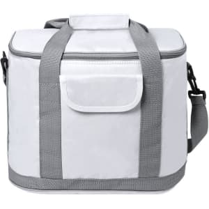 A drink bottle cooler bag in white with grey straps and a zip closure, featuring a front pocket.