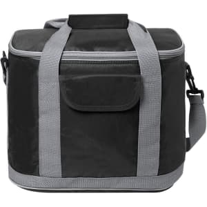 A drink bottle in a black insulated cooler bag with grey straps and a front pocket.