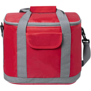 A red insulated bag with grey straps and a front pocket, featuring a sturdy carrying handle.