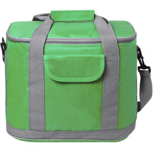 A green insulated cooler bag with grey straps and a front pocket. It has a top handle and an adjustable shoulder strap.