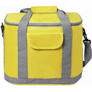 A yellow insulated cooler bag with grey straps and a front pocket. It features a sturdy handle and adjustable shoulder strap.